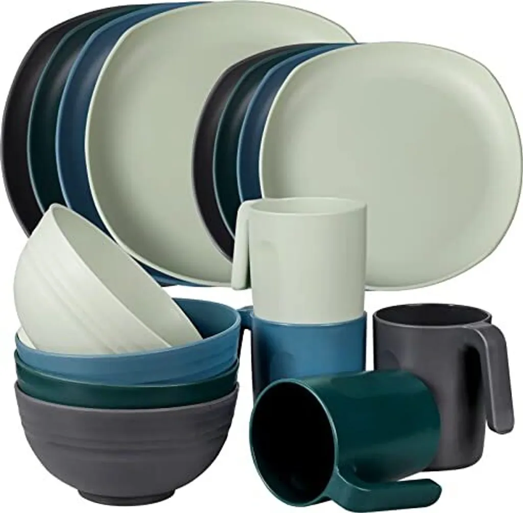 Set di stoviglie in plastica Greentainer, set completo leggero e infrangibile, piatti, ciotole, tazze, cena per 4 persone, ideale per bambini e adulti,