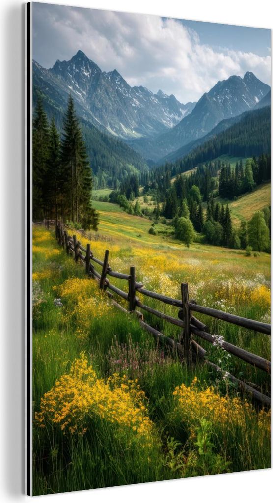 MuchoWow Wanddekoration Metall Metallbild Wandkunst 100x150 cm Feld - Zaun - Berge - Blumen MuchoWow Aluminium Gemälde - Bild