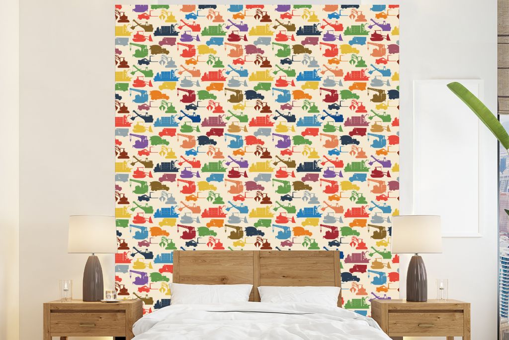 MuchoWow Fototapete für Wohnzimmer oder Schlafzimmer Wandtapete Vinyl Motivtapete Muster - Kranich - Stiefel - Jungen - Kinder - 195x240 cm - Ge...