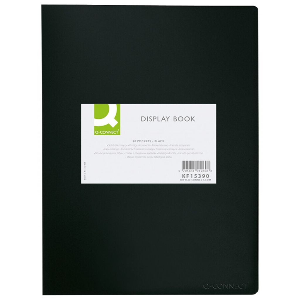 A black display book with a label showing product details.