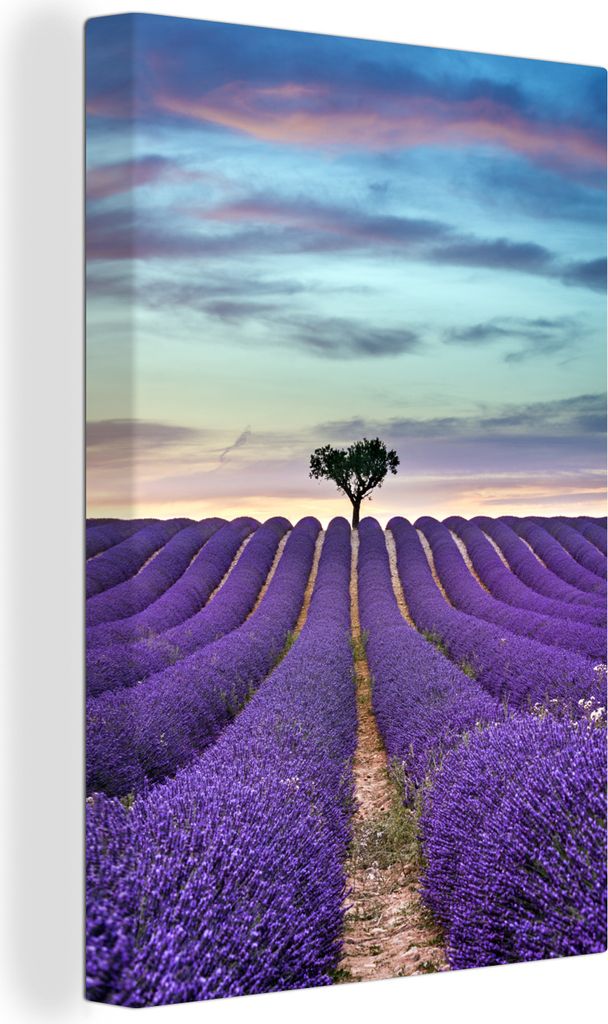 OneMillionCanvasses - Leinwandbilder - 90x140 cm, Lavendelfeld bei Sonnenuntergang mit Baum am Horizont, Wandbilder Kunstdruck Wanddekoration - W...