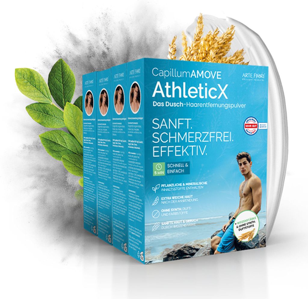 Enthaarungscreme Pulver Ganzkörper 4x300g Capillum AMOVE AthleticX 4er Pack schmerzfreie Dusch-Haarentfernung - Intimbereich für Mann & Frau