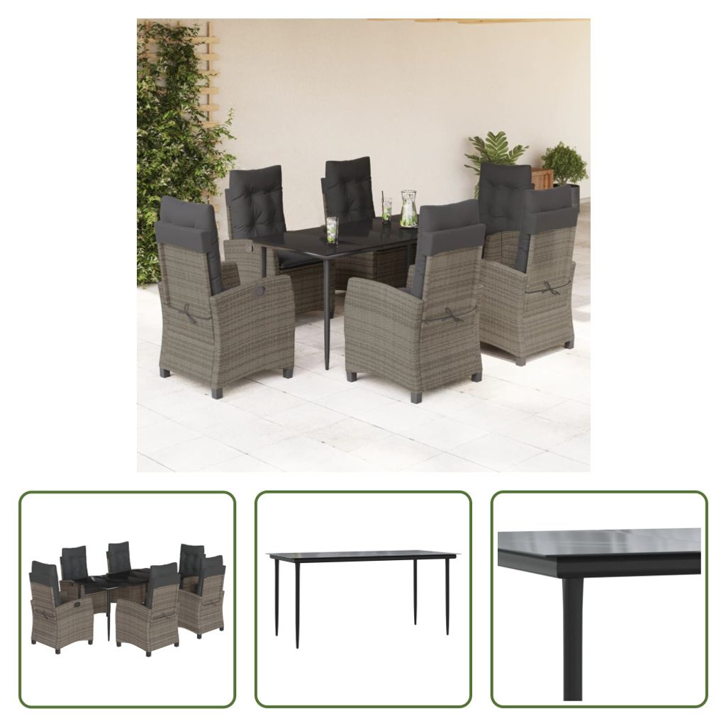 The Living Store 7-tlg. Garten-Essgruppe mit Kissen Grau Poly Rattan