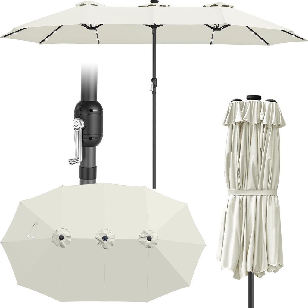 Izrielar Dreiteiliger Sonnenschirm Creme mit LED – Extra breite Schirmfläche, XXL Gartenschirm mit Beleuchtung für Terrasse & Balkon