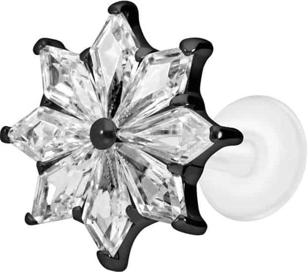 Ohrpiercing, Nasenpiercing PTFE Labret mit Innengewinde + Titan-Aufsatz KRISTALLSTERN Schwarz Stablänge: 6mm | Stabstärke: 1,2mm