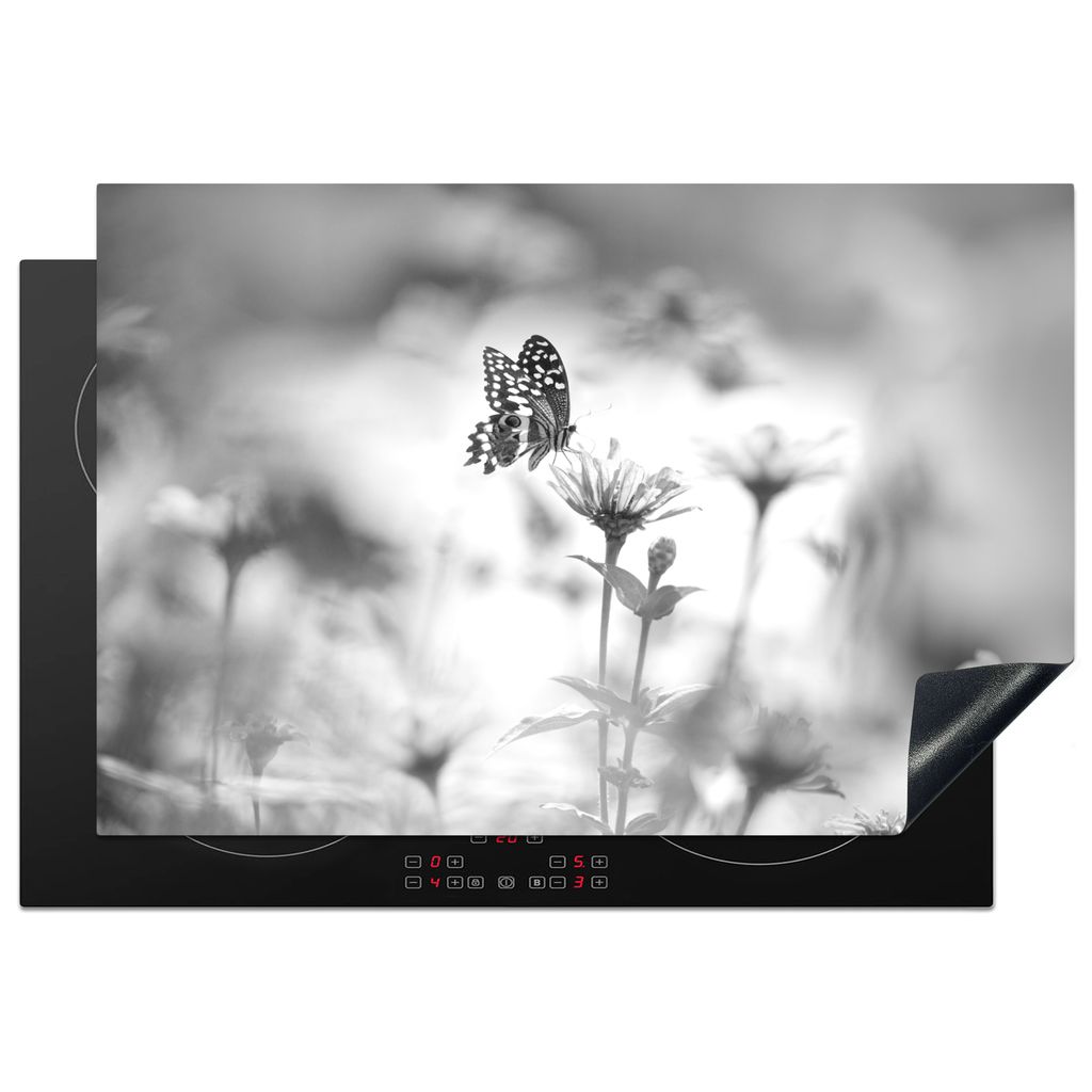 KitchenYeah Herdabdeckplatte Schmetterling auf einer Blume - schwarz und weiß , 78x52cm, Küche Deko, Glaskeramikkochfeld Herdabdeckung, Abdeckp...