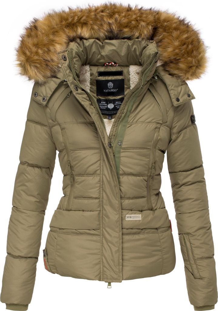 Navahoo Damen Winterjacke Steppjacke Kurz Parka gesteppt Jacke warm Teddyfell gefüttert mit Kapuze Honigblume Olive Gr: 42 - XL