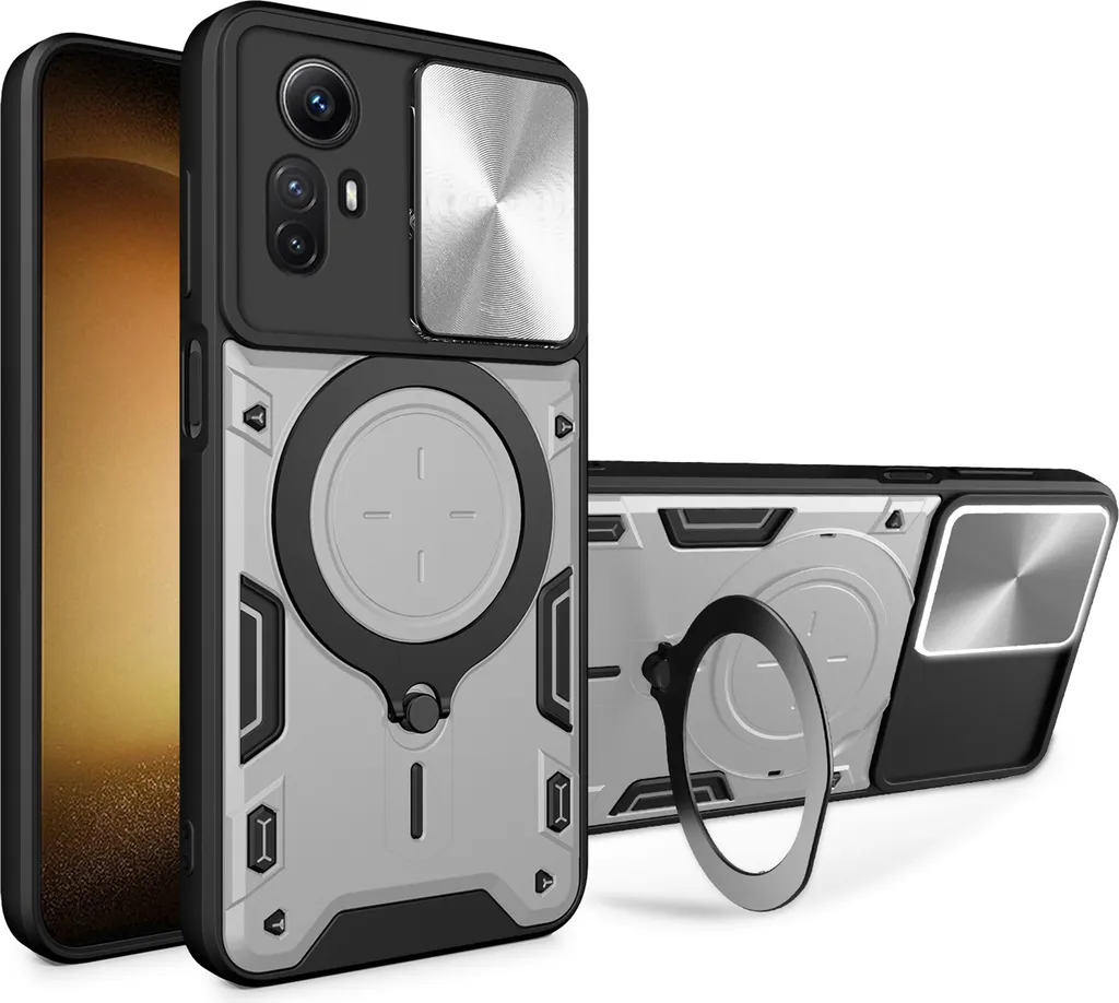 Custodia per Xiaomi Redmi Note 12S a doppio strato con copertura della fotocamera e supporto ad anello Argento