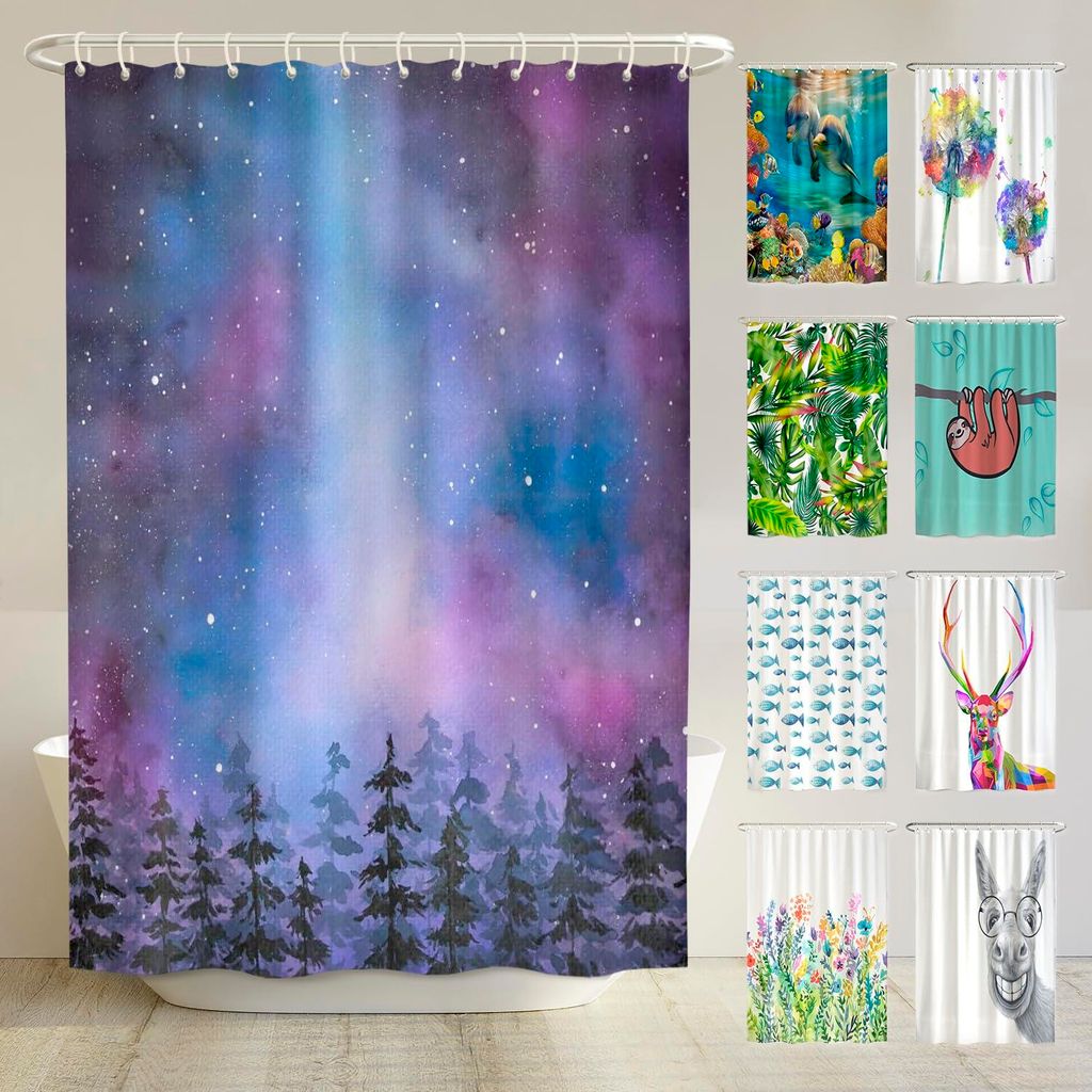 Galaxy – Schimmelresistenter Duschvorhang 240 x 200 cm – Recycelt – Beschwerter Saum, blickdicht, wasserdicht, waschbar, 16 Ringe
