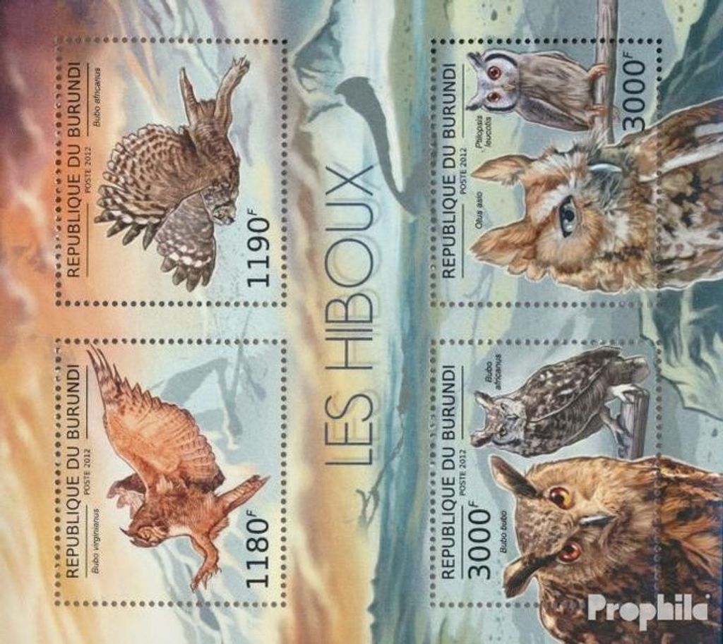 Briefmarken Burundi 2012 Mi 2808-2811 Kleinbogen (kompl. Ausgabe) postfrisch Eulen