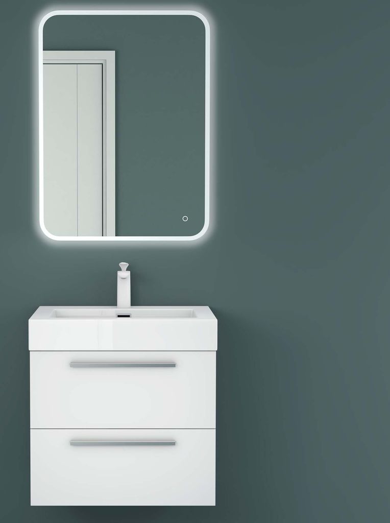 Mai & Mai Badmöbelset Komplett Set Waschbeckenunterschrank 60cm Unterschrank mit Waschschbecken aus Mineralguss und LED-Badspiegel Quadratto