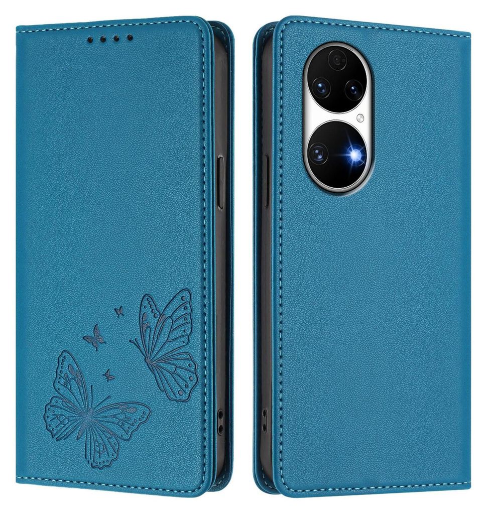 Lederhülle für Huawei P50, Schmetterling Prägung Leder Brieftasche Schutzhülle mit Ständer Blau