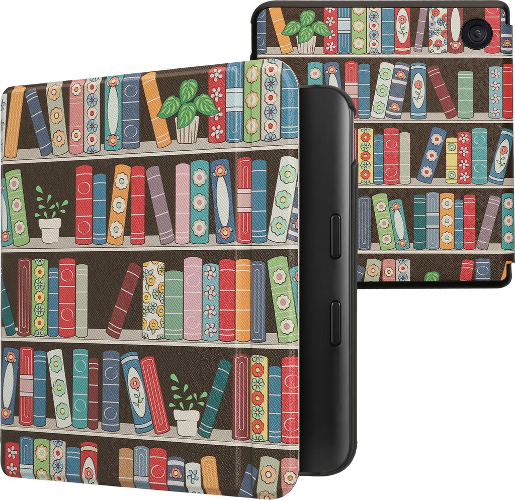 kwmobile Schutzhülle für Kobo Kobo Libra Colour / Tolino Vision Color Hülle - eReader Flip Case mit Auto Sleep Funktion - Bücherregal mit Pflan...