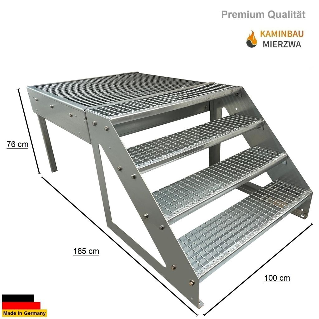 Podesttreppe Stahltreppe Freistehend 4 Stufen Höhe 76 cm inklusive Podest 100x100cm ohne Geländer Verzinkt Ausrichtung Treppe Links oder Rechts