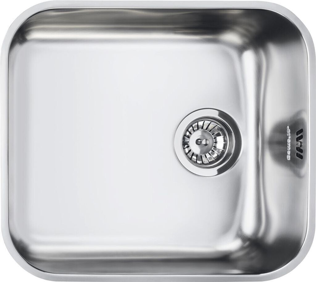 A top-down view of a stainless steel sink with a drain.
