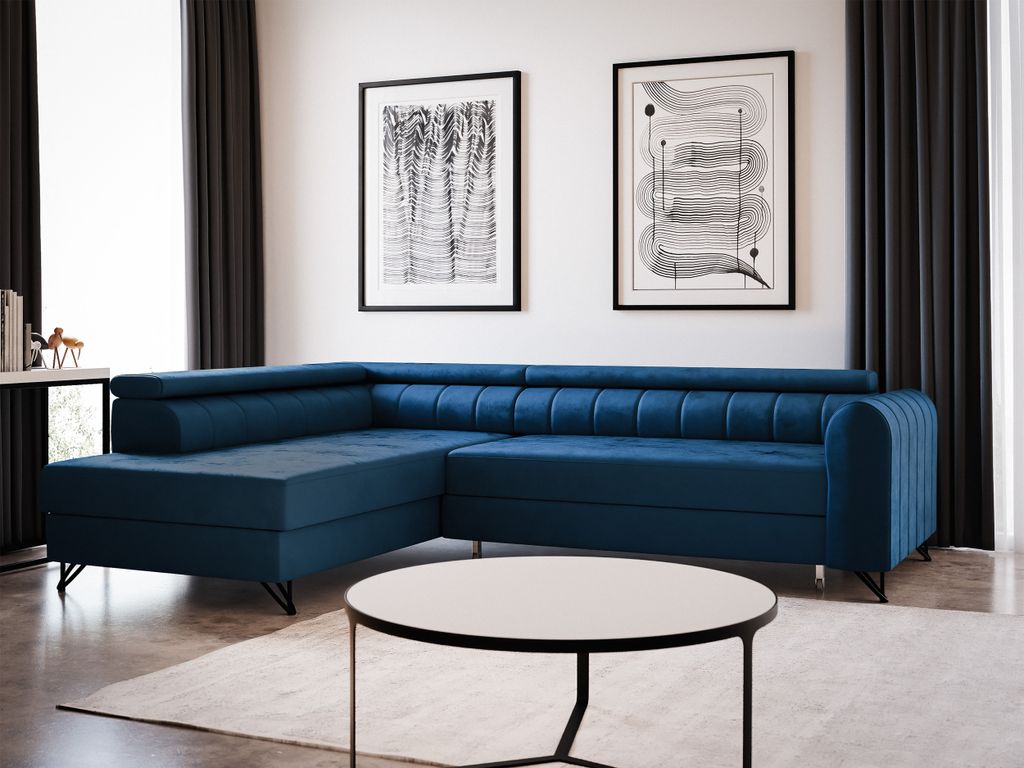 Ecksofa Alice mit Schlaffunktion und Bettkasten, Wohnlandschaft mit einstellbare Kopfstützen, Couch, Sofa, Bettsofa, Schlafsofa (Blau (Kronos 09),...