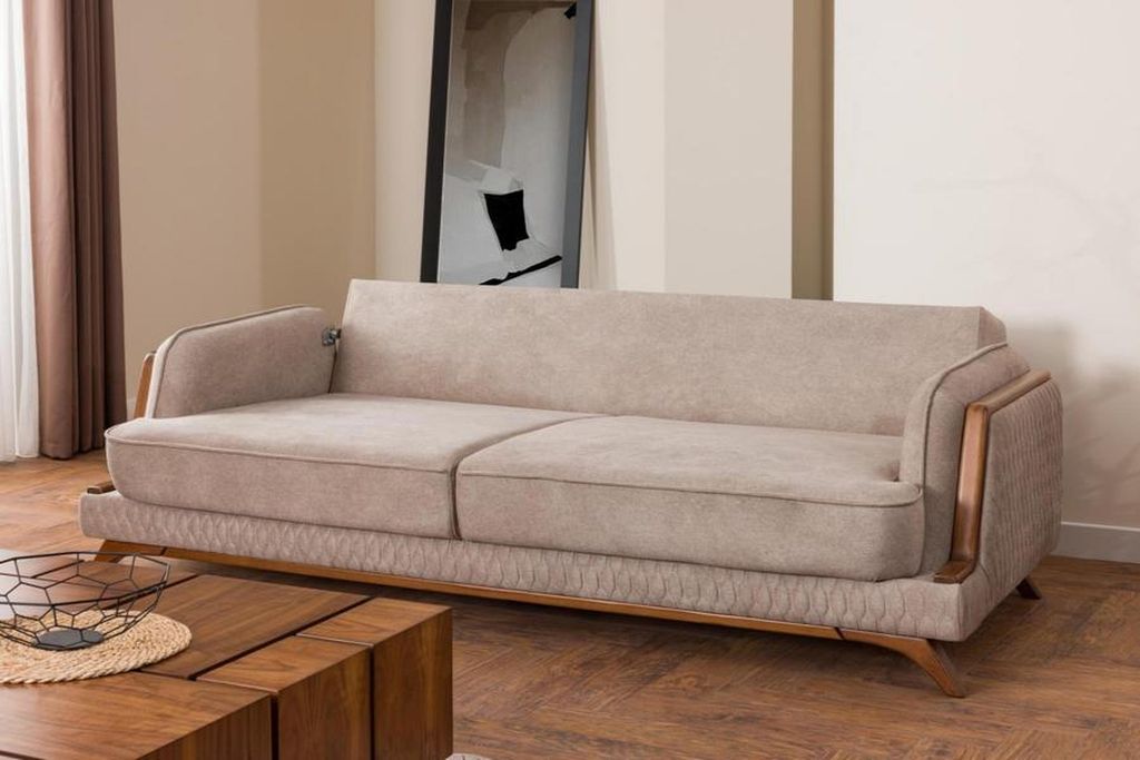 Wohnzimmer Sofa Sessel Set Modernes Design Beige Braun Holzfüße Polster 3+1