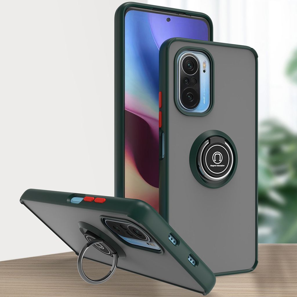 Xiaomi Poco F3 Hülle, Ring Halter Ständer Matte Transluzent TPU Rahmen Stoßfest Schutzhülle für Xiaomi Poco F3 dunkelgrün