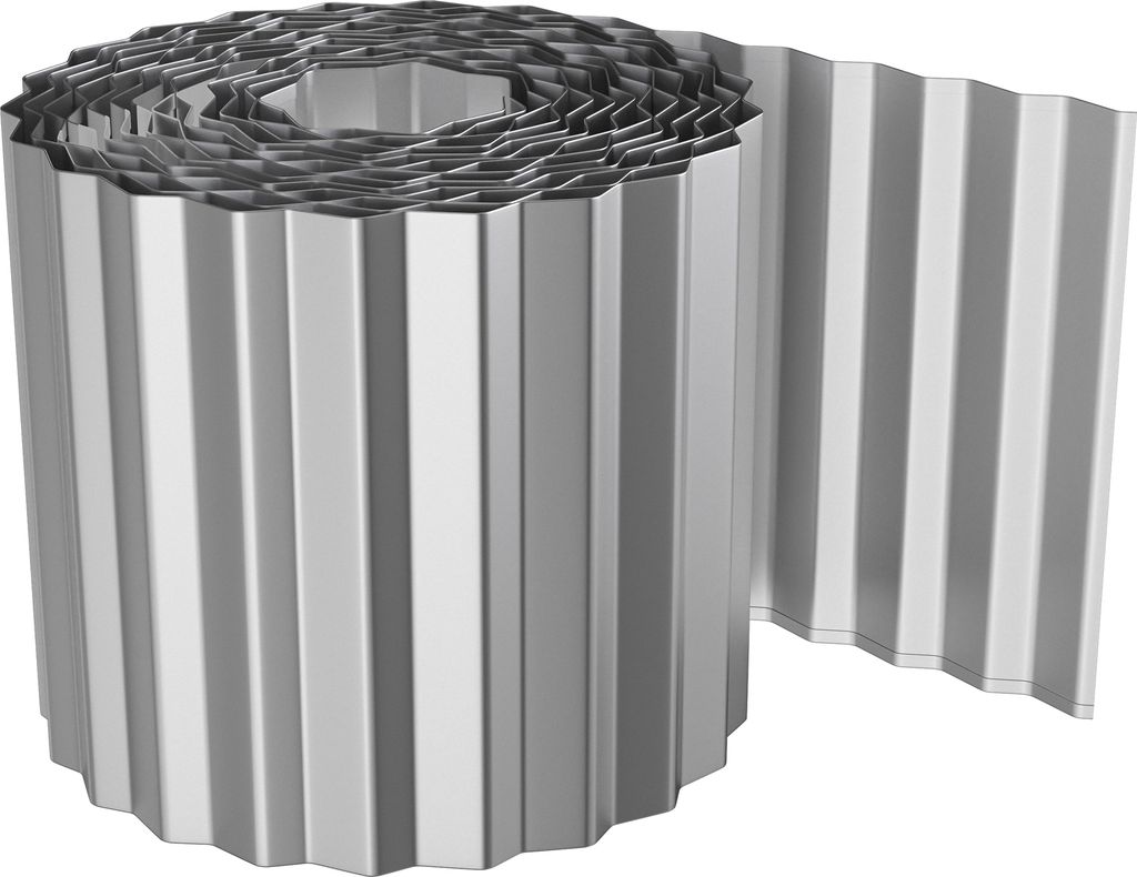 A roll of corrugated metal garden edging is shown against a white background.