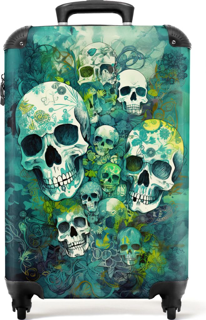 NoBoringSuitcases.com Koffer Handgepäck Trolley Rollkoffer Kleine Reisekoffer mit 4 Rollen - Totenkopf - Aquarell - Blumen - Türkis - Totenkopf...