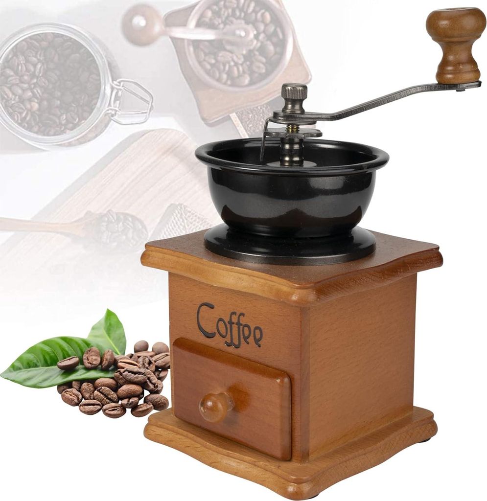 Vintage manuelle Kaffeemühle aus Holz mit einstellbarem Mahlgrad und keramischen Mahlwerk für Espresso und Filterkaffee