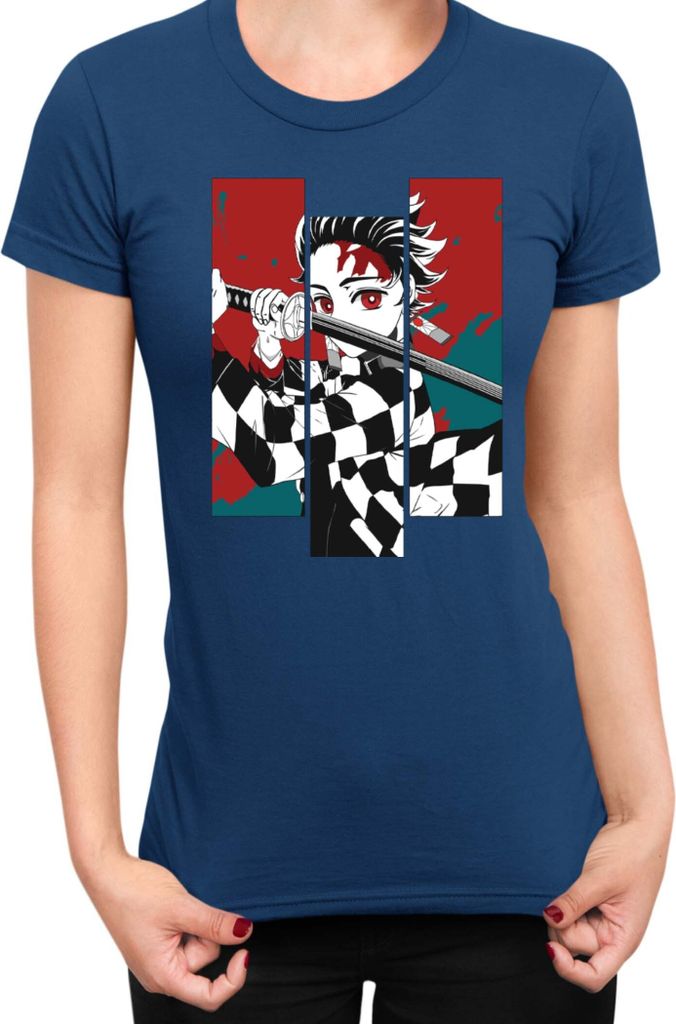 Damen T-Shirt Demon Anime Slayer Kimetsu No Yaiba Tanjiro Kamado 011, Lady XL / Dunkelblau