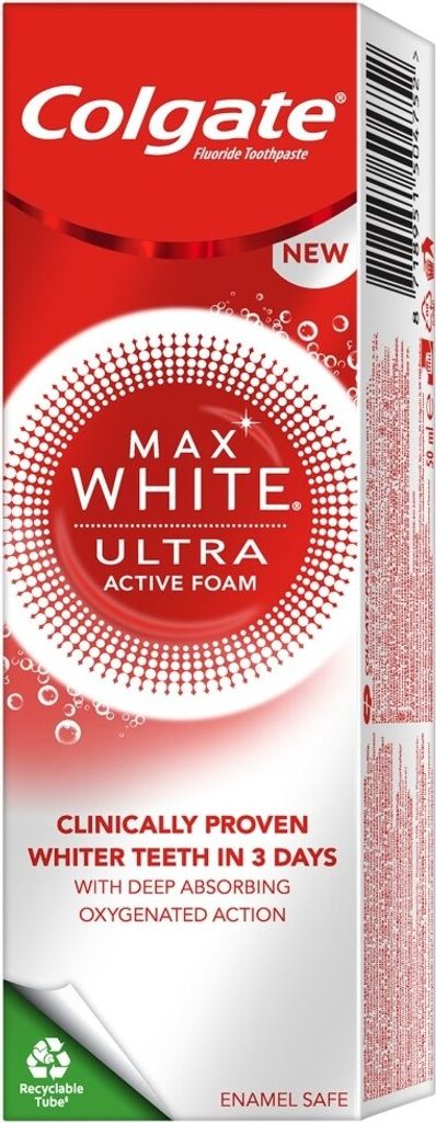 A product shot of Colgate Max White Ultra Active Foam Toothpaste packaging.