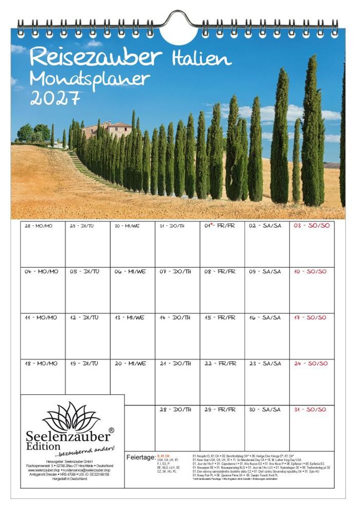 Reisezauber Italien Planer DIN A4 Kalender für 2027 Rom Urlaub Strand Meer Mediterran Italien - Seelenzauber