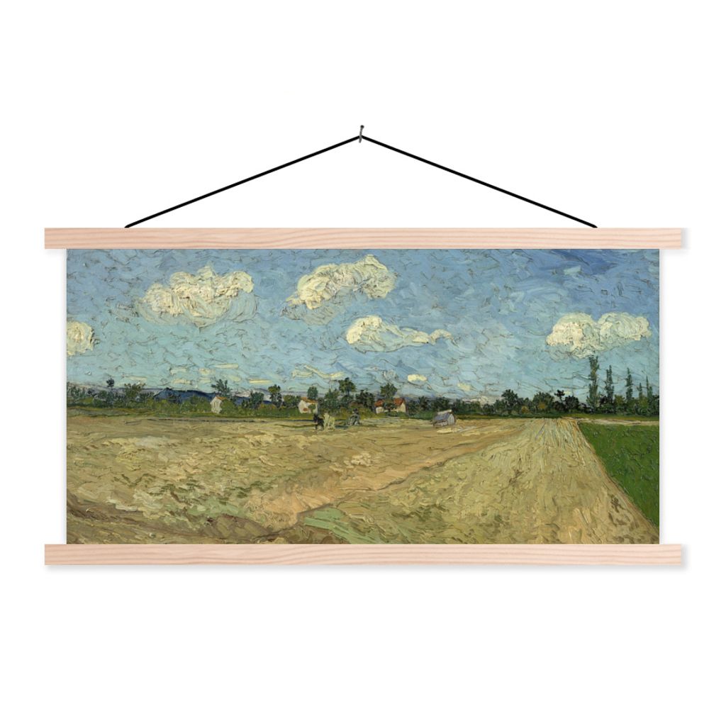 MuchoWow Textilposter Gepflügte Felder - Vincent van Gogh 60x30 cm mit holzfarbenen Rahmen - Dekoration