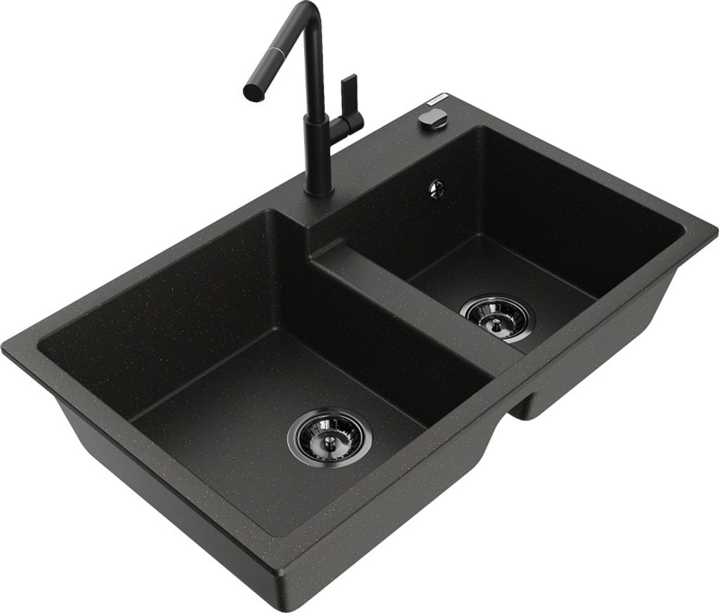 Mexen Tomas 2-Becken-Granitspüle mit Mischbatterie Flora, Schwarz/Gold metallisch - 6516-75-670401-70-B