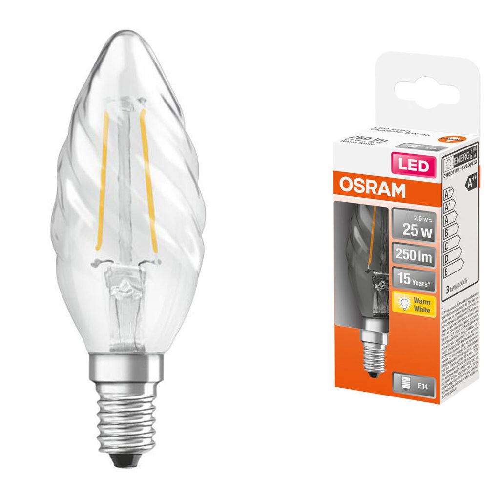 Osram LED Filament Retrofit Classic Kerze gedreht 2,5W = 25W E14 klar FS 250lm warmweiß 2700K