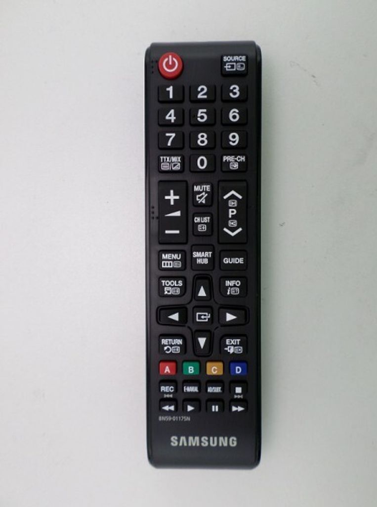 A black Samsung remote control is shown against a light gray background.