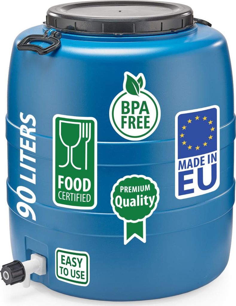 Weithalsfass Fasssilage Gepäcktonne Gärfass Gärbehälter Futtertonne 90 Liter mit Deckel Griffen und Hahn blau