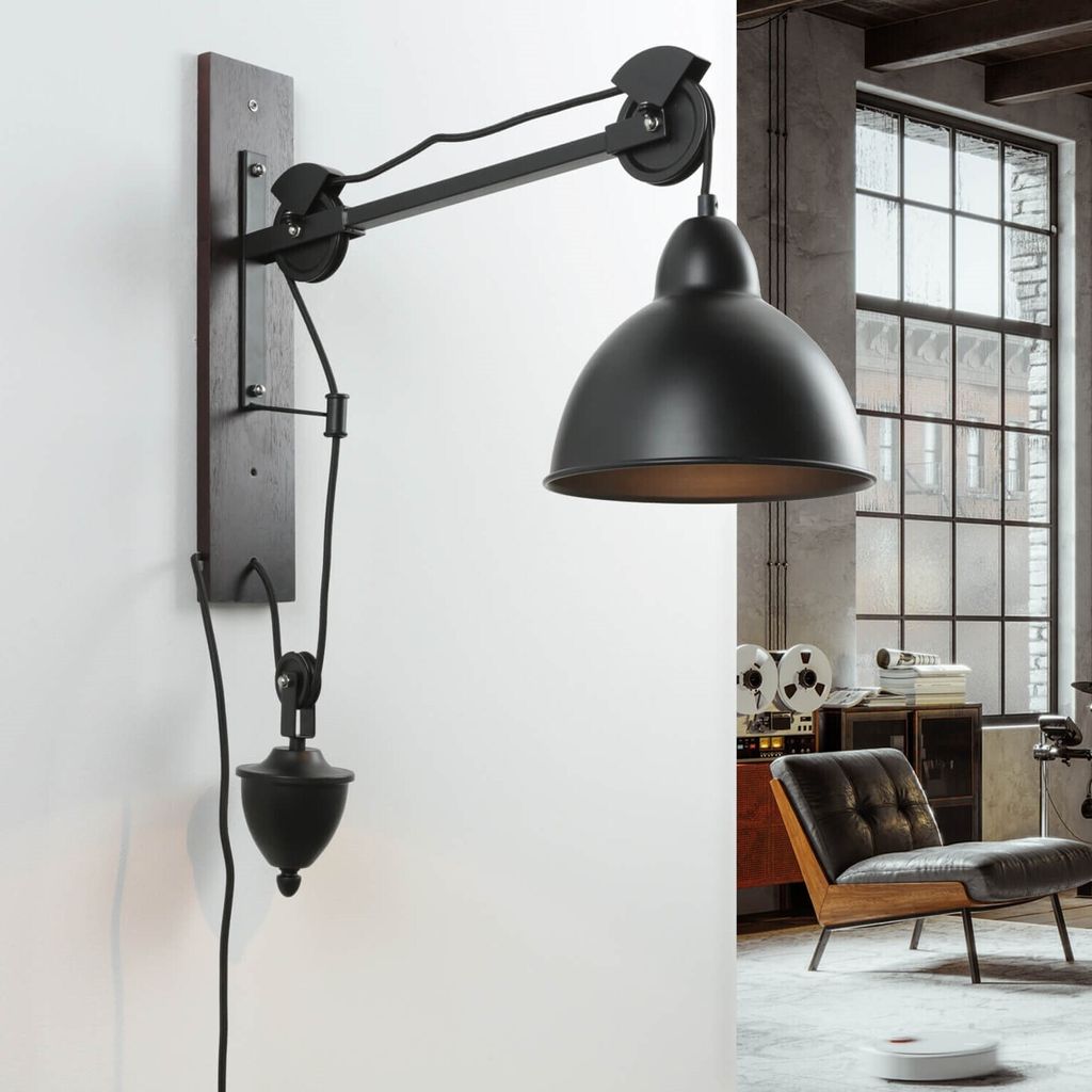 Wandleuchte mit Schalter Schwarz Natur E14 Metall Holz Industrial Design Wandlampe