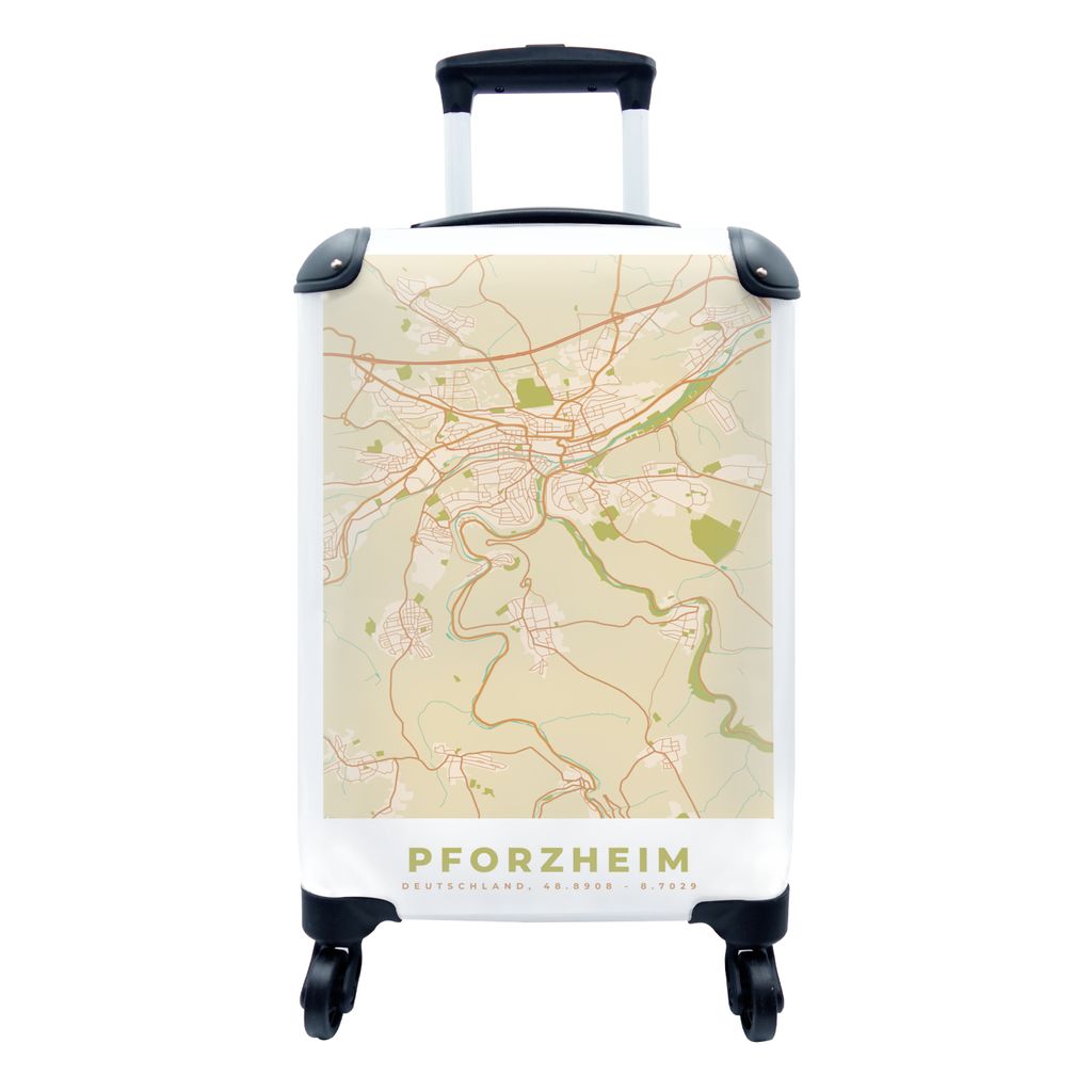 MuchoWow Koffer Handgepäck Trolley Rollkoffer Kleine Reisekoffer mit 4 Rollen - Pforzheim - Karte - Vintage - Stadtplan - Cabin Size < 55x40x23 ...