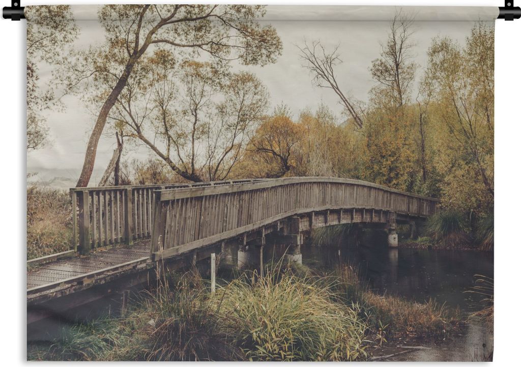 MuchoWow Wandteppich Wandbehang Herbst - Brücke - Bäume 120x90 cm Tapisserie Dekoration Wandtuch - Wohnen - Aufhänger für die Wand