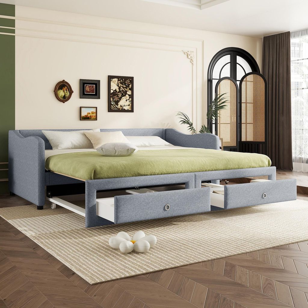 Merax Tagesbetten 90x200 cm, mit Ausziehbett 90x200 cm, und 2 Schubladen, Daybett, Schlafsofa, Kinderbett, Jugendbett, Gästebett, Leinen, Beige