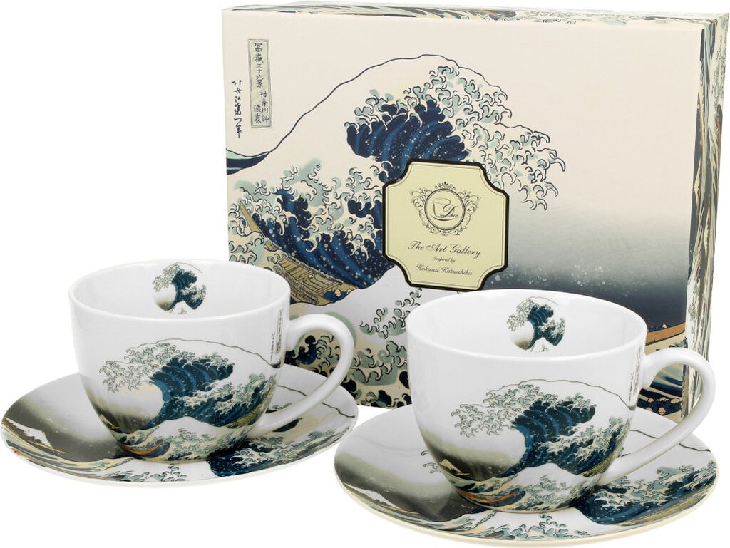 DUO ART GALLERY 2er-Set Tassen 280 ml THE GREAT WAVE mit Untertassen, New Bone China Porzellan