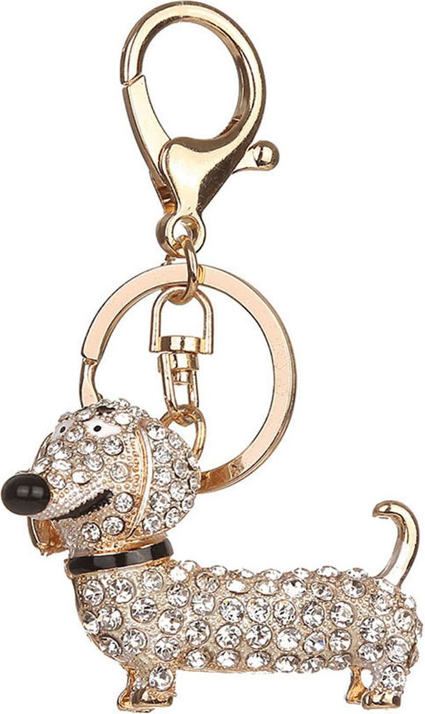 Schlüsselanhänger Dackel-Hunde-Design, hängende Verzierung, mit Strasssteinen eingelegter Taschenanhänger für Handtaschen-Weiß