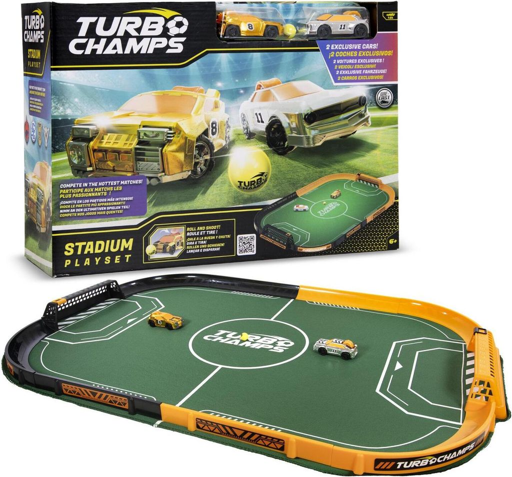 A toy stadium playset with two toy cars and a soccer ball, shown with its packaging.