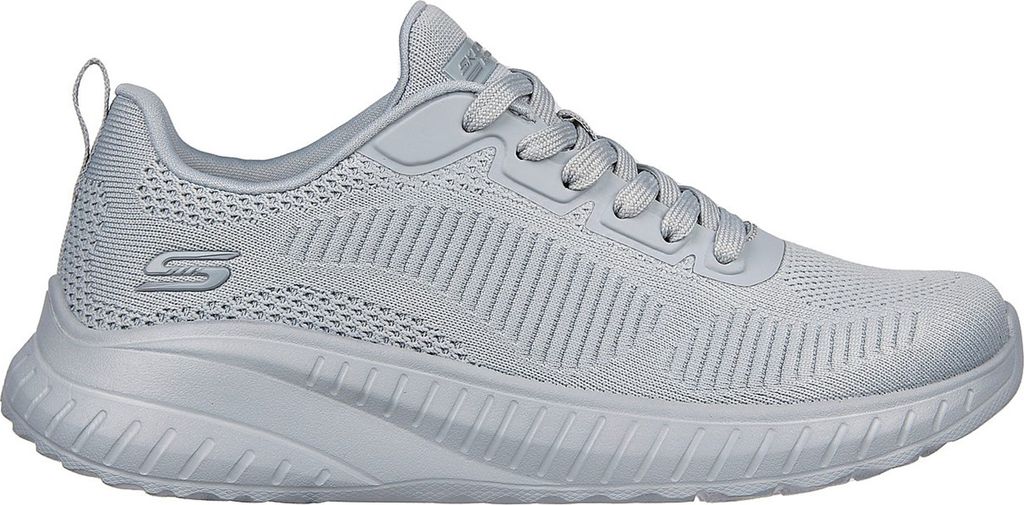 A side view of a gray Skechers Bobs Sport Squad Chaos women's training shoe.