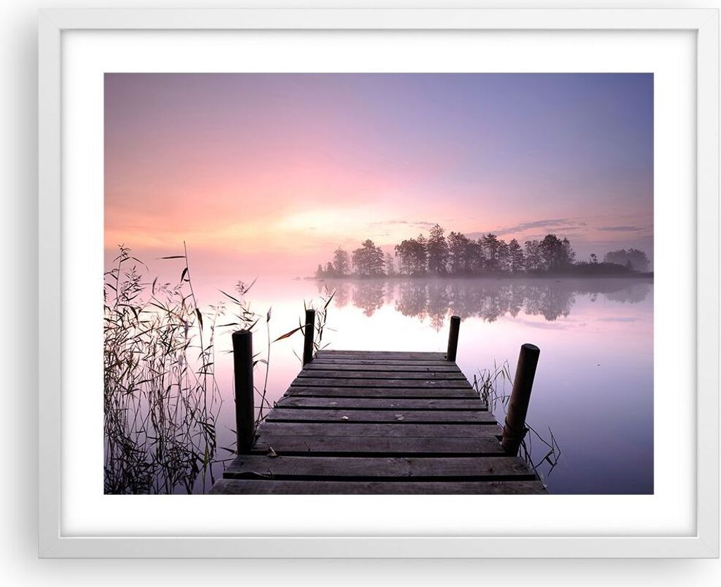 Gerahmtes Poster - Weißer Rahmen - Morgen Sonnenaufgang Nebel See - 50x40 cm - Wand Bild - Wanddeko - Wandbilder - Wandposter - Bilderrahmen - Bil...