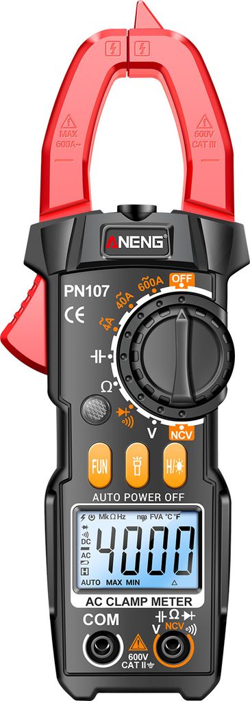 ANENG PN107 Digitales Zangenmessgeraet, CAT II, 600 V Wechselspannung, Multimeter-Tester, 4000 Zaehlungen, Ampere-Spannungspruefer, misst Wechsel-/...