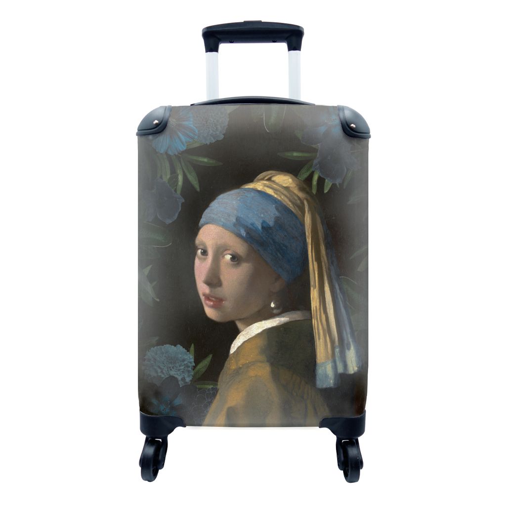 MuchoWow Koffer Handgepäck Trolley Rollkoffer Kleine Reisekoffer mit 4 Rollen - Mädchen mit Perlenohrring - Vermeer - Blumen - Blau - Cabin Siz...