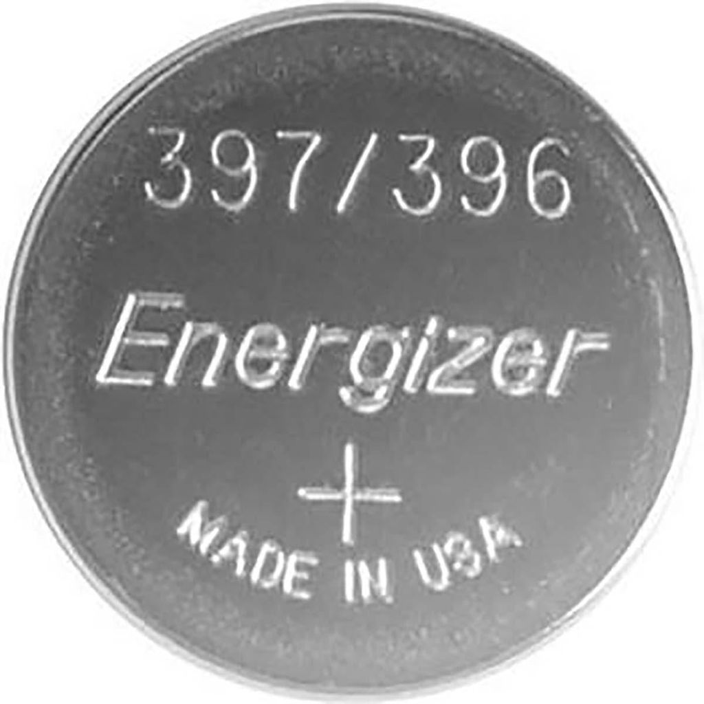 A close-up, top-down view of a silver coin-shaped battery.