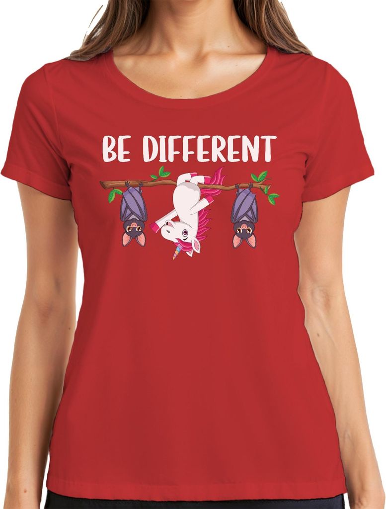 Einhorn Fledermaus Be Different Autismus Statement Spruch Lustig Damen T-Shirt, Rot, 3XL