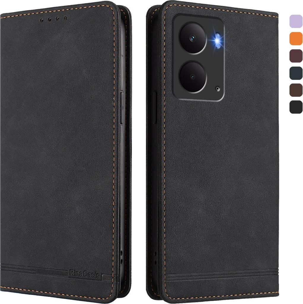 Hülle für Realme P3, Retro Kunstleder Ständer Klapphülle mit Kartenfächer und Magnetische Schwarz