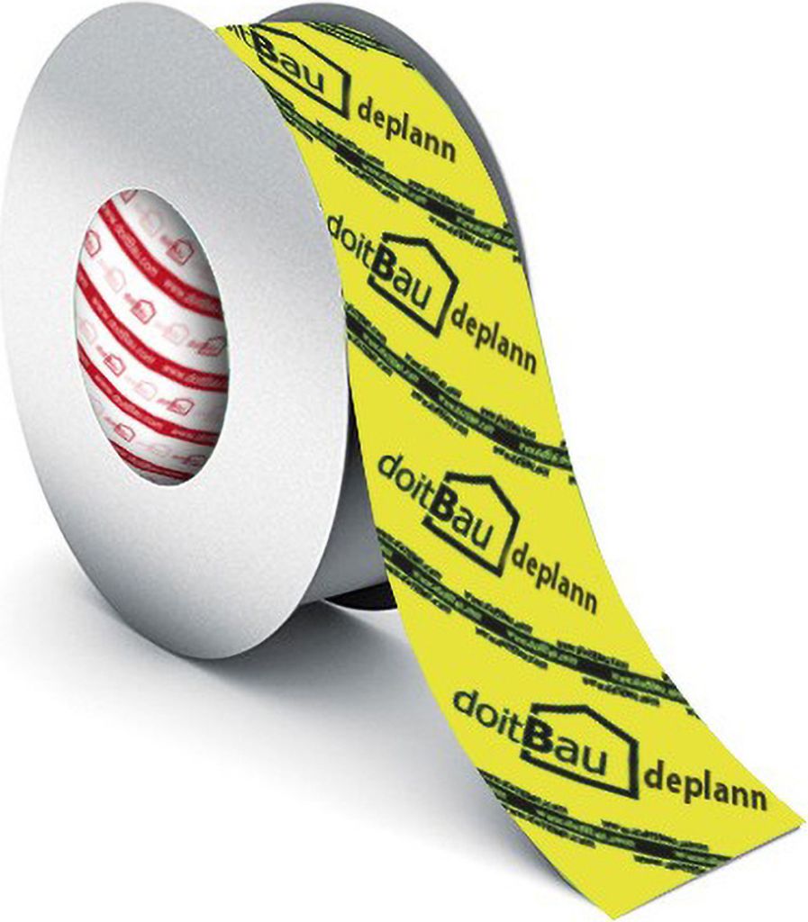 A roll of yellow tape with black text and logos is partially unrolled, showing the tape's pattern and the roll itself.