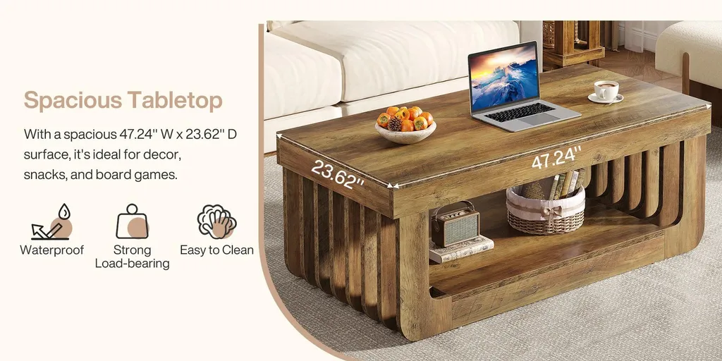 Table basse bois MDF 2 niveaux brun rustique grand format 120x60 cm - 11