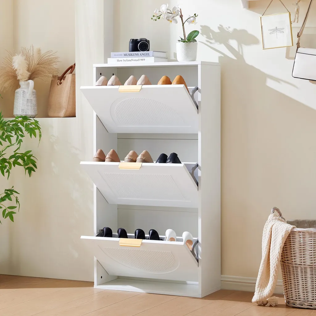 Merax Armoire à Chaussures Blanche avec 3 Abattants et Poignées Métal